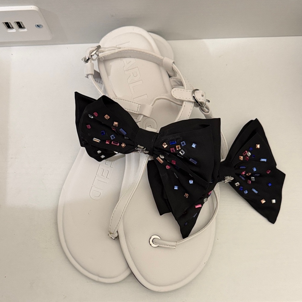 Karl Lagerfeld White Sandals with Black Bow and Colorful Accents